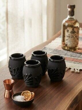Set of 4 Black Ceramic Mezcal Shot Glasses Mexican Barware Floral